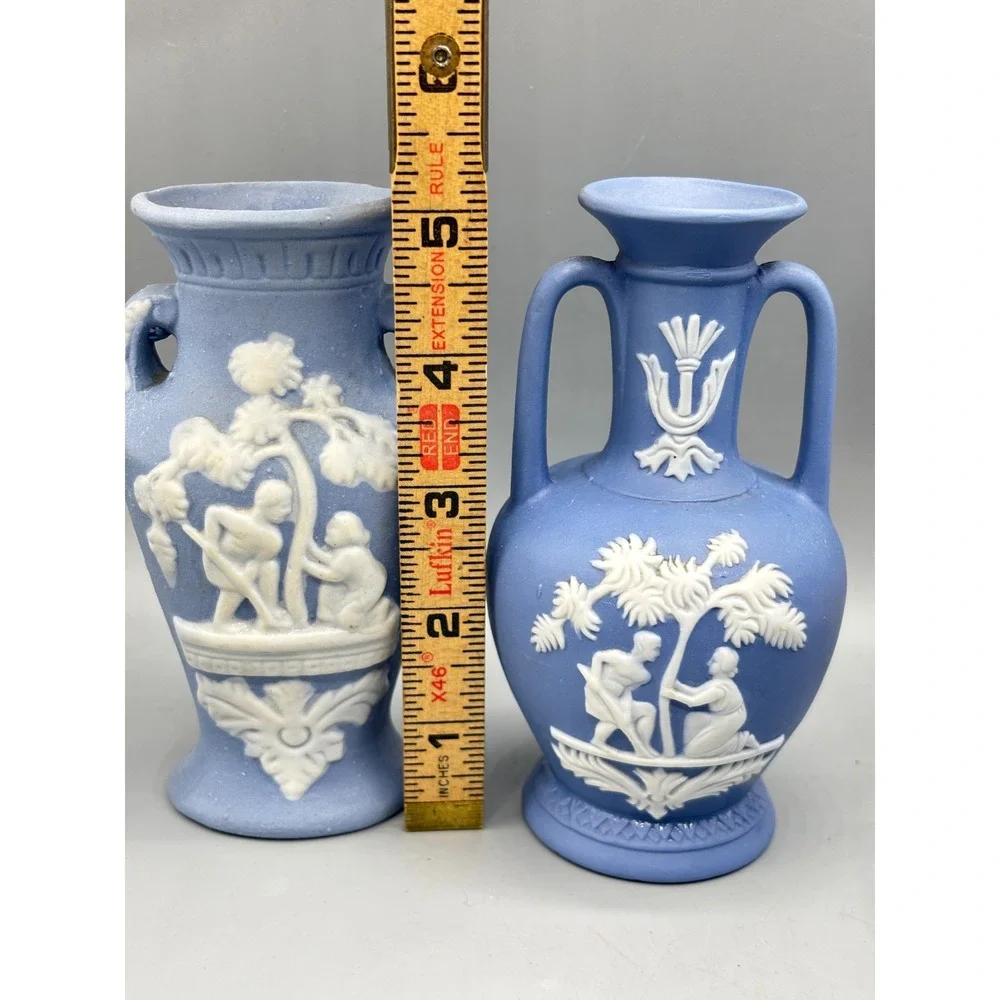 Vtg Blue Jasperware Wedgwood Style‎ Vases Pair Decorative Collectible Porcelain